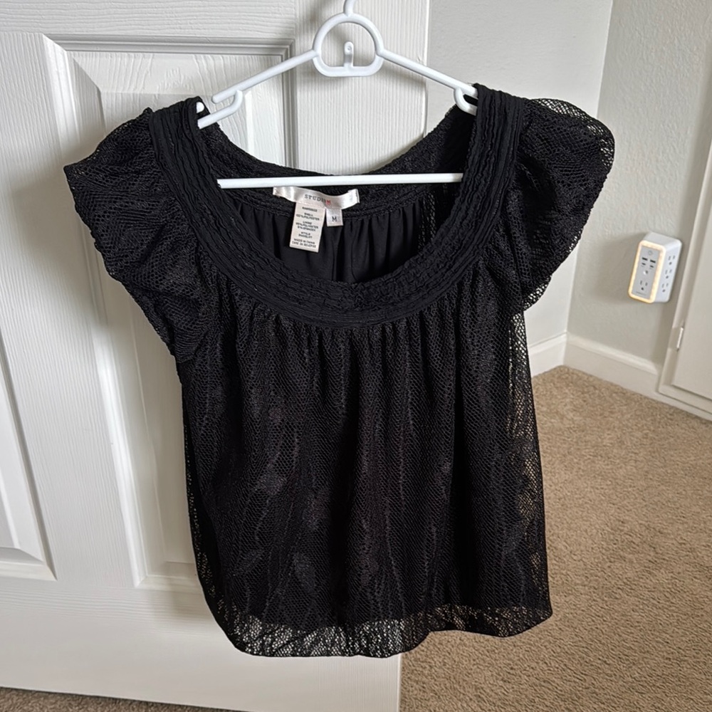 Studio M Black Flutter Sleeve Smocked Blouse